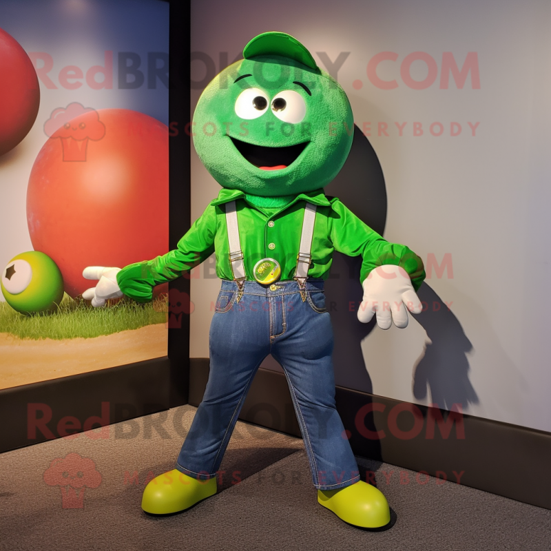 Green Juggle mascot costume character dressed with a Jeans and Lapel pins Green Juggle mascot costume character dressed with a Jeans and Lapel pins