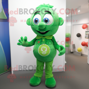 Green Juggle mascot costume character dressed with a Jeans and Lapel pins