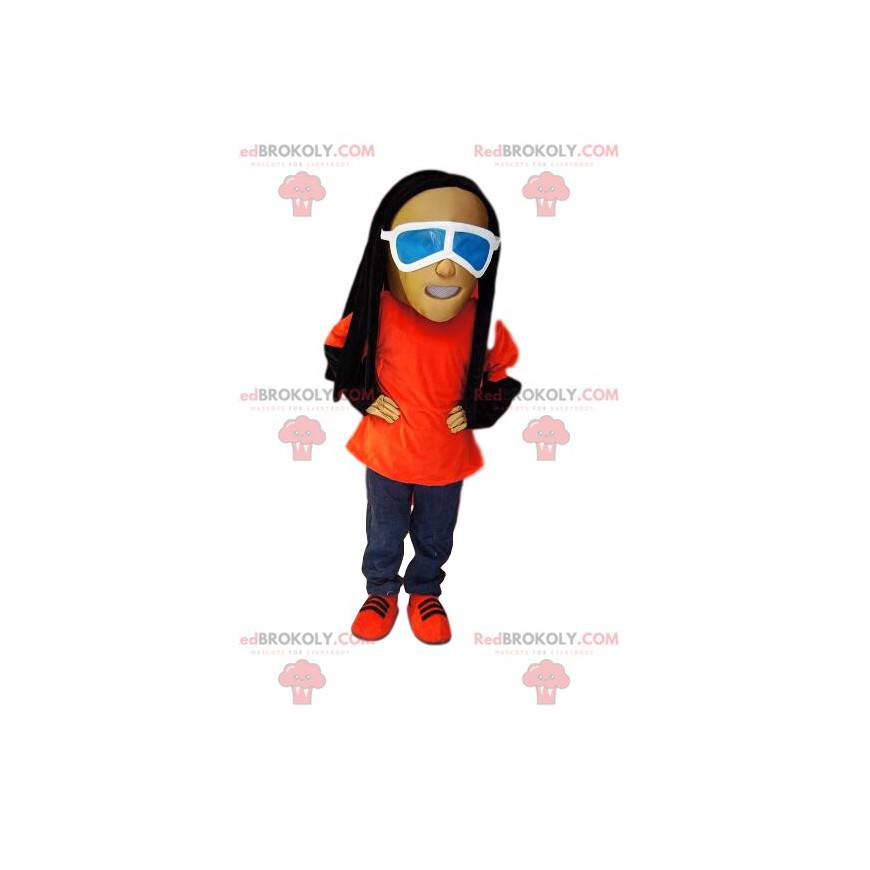 Mascot man in jeans, with rastas and sunglasses - Redbrokoly.com