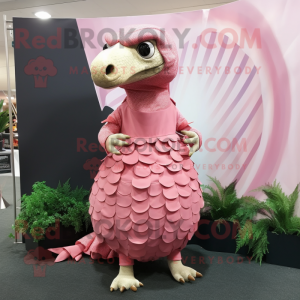 Pink Pangolin mascot costume character dressed with a Empire Waist Dress and Scarf clips