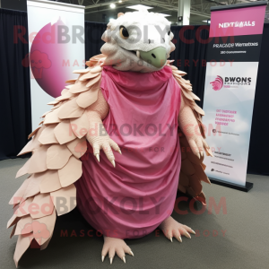 Pink Pangolin mascot costume character dressed with a Empire Waist Dress and Scarf clips