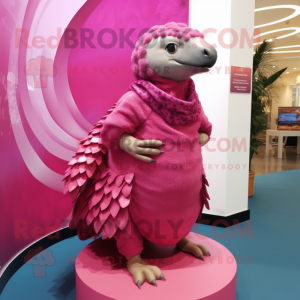 Pink Pangolin mascot costume character dressed with a Empire Waist Dress and Scarf clips