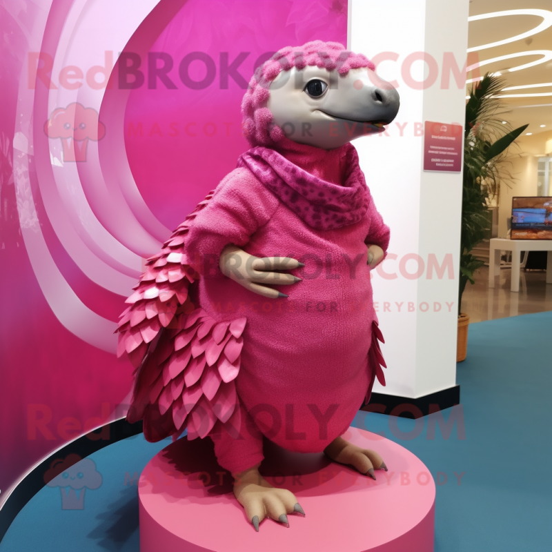 Pink Pangolin mascot costume character dressed with a Empire Waist Dress and Scarf clips Pink Pangolin mascot costume character dressed with a Empire Waist Dress and Scarf clips