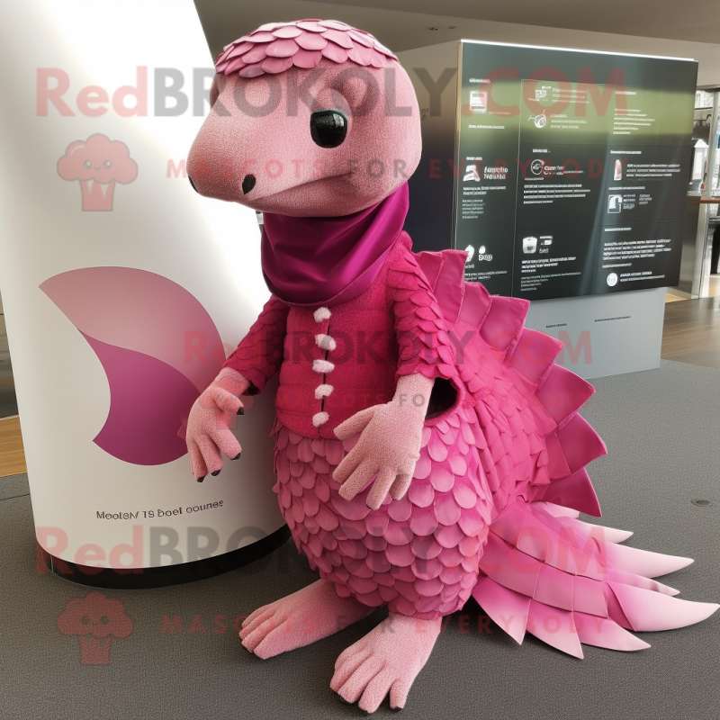 Pink Pangolin mascot costume character dressed with a Empire Waist Dress and Scarf clips