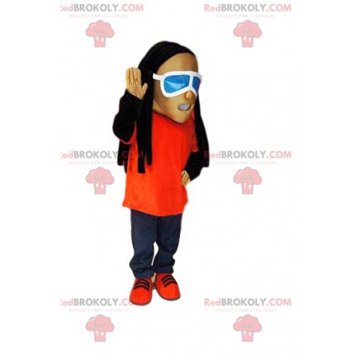 Homem mascote de jeans, rastas e óculos escuros - Redbrokoly.com
