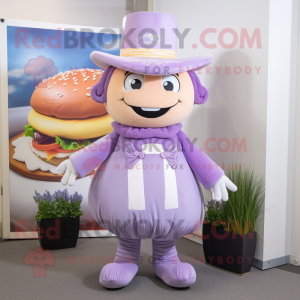 Lavender Burgers mascot costume character dressed with a Culottes and Hat pins