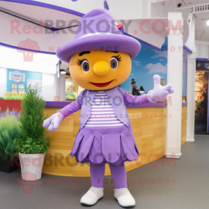 Lavender Burgers mascot costume character dressed with a Culottes and Hat pins