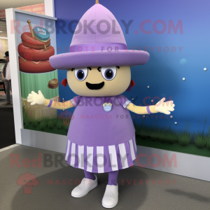 Lavender Burgers mascot costume character dressed with a Culottes and Hat pins