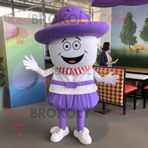 Lavender Burgers mascot costume character dressed with a Culottes and Hat pins