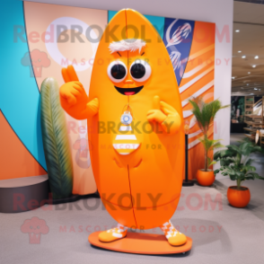 Orange Surfboard mascot costume character dressed with a Suit and Handbags