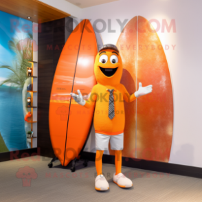 Orange Surfboard mascot costume character dressed with a Suit and Handbags