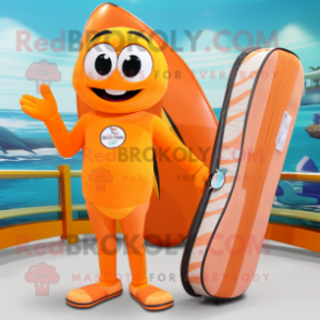 Orange Surfboard mascot costume character dressed with a Suit and Handbags