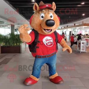 Red Wild Boar mascot costume character dressed with a Bootcut Jeans and Backpacks