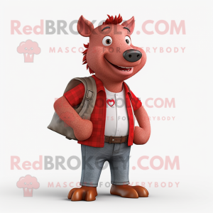 Red Wild Boar mascot costume character dressed with a Bootcut Jeans and Backpacks