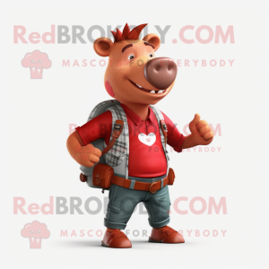 Red Wild Boar mascot costume character dressed with a Bootcut Jeans and Backpacks