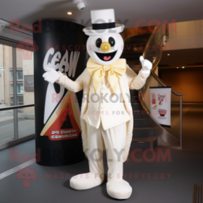 Cream Stilt Walker mascot costume character dressed with a Jacket and Wraps