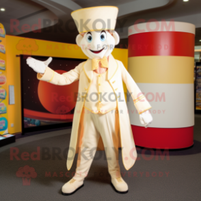 Cream Stilt Walker mascot costume character dressed with a Jacket and Wraps