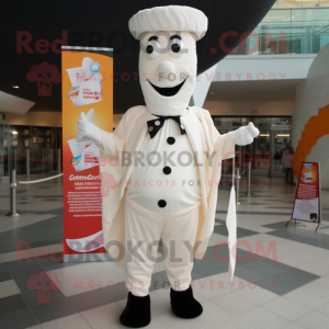 Cream Stilt Walker mascot costume character dressed with a Jacket and Wraps