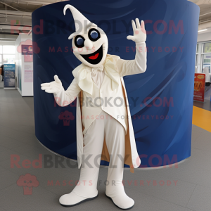Cream Stilt Walker mascot costume character dressed with a Jacket and Wraps