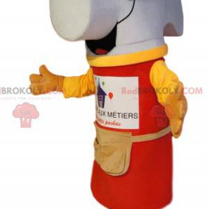 Mascotte de marteau blanc super joyeux, avec un tablier rouge -
