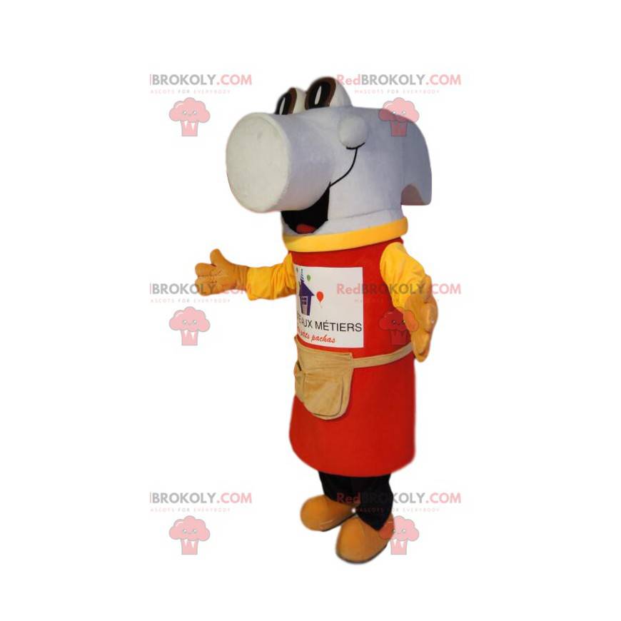 Mascotte de marteau blanc super joyeux, avec un tablier rouge -