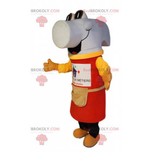 Mascotte martello bianco super felice, con un grembiule rosso -