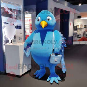 Blue Pigeon mascot costume character dressed with a Romper and Clutch bags