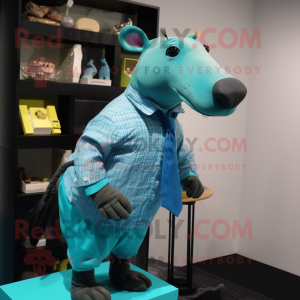 Turquoise Tapir mascot costume character dressed with a Button-Up Shirt and Clutch bags