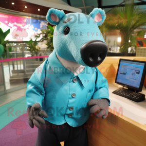 Turquoise Tapir mascot costume character dressed with a Button-Up Shirt and Clutch bags