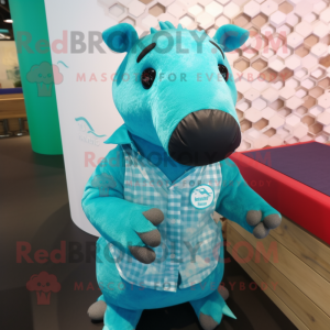 Turquoise Tapir mascot costume character dressed with a Button-Up Shirt and Clutch bags