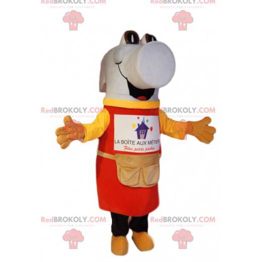 Mascote martelo branco super feliz, com avental vermelho -