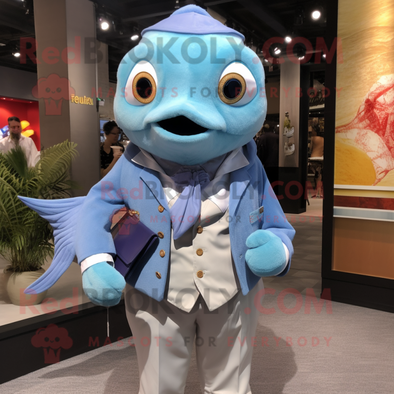 Sky Blue Goldfish mascot costume character dressed with a Vest and Pocket squares