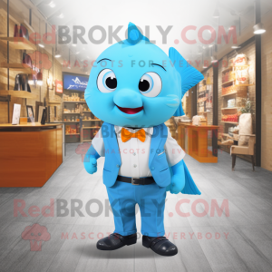 Sky Blue Goldfish mascot costume character dressed with a Vest and Pocket squares