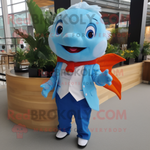 Sky Blue Goldfish mascot costume character dressed with a Vest and Pocket squares