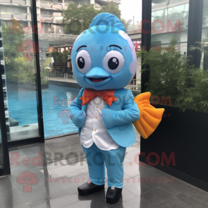 Sky Blue Goldfish mascot costume character dressed with a Vest and Pocket squares