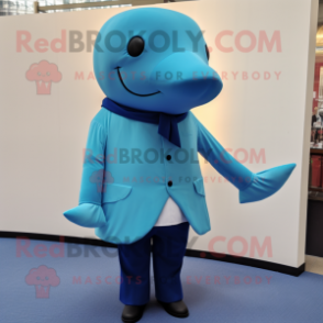 Cyan Blue Whale mascot costume character dressed with a Turtleneck and Pocket squares