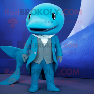 Cyan Blue Whale mascot costume character dressed with a Turtleneck and Pocket squares