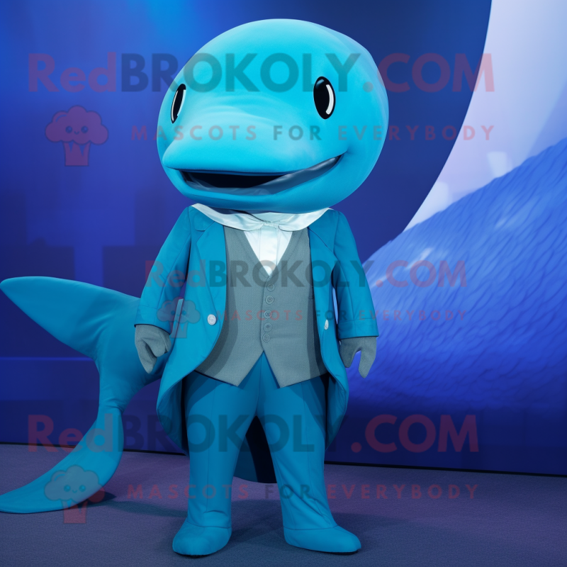Cyan Blue Whale mascot costume character dressed with a Turtleneck and Pocket squares Cyan Blue Whale mascot costume character dressed with a Turtleneck and Pocket squares