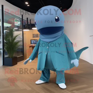 Cyan Blue Whale mascot costume character dressed with a Turtleneck and Pocket squares