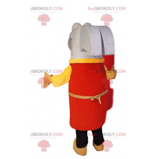 Mascotte de marteau blanc super joyeux, avec un tablier rouge -