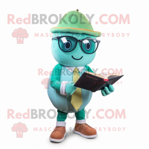 Teal Melon mascot costume character dressed with a Chinos and Reading glasses