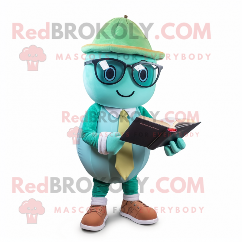 Teal Melon mascot costume character dressed with a Chinos and Reading glasses Teal Melon mascot costume character dressed with a Chinos and Reading glasses