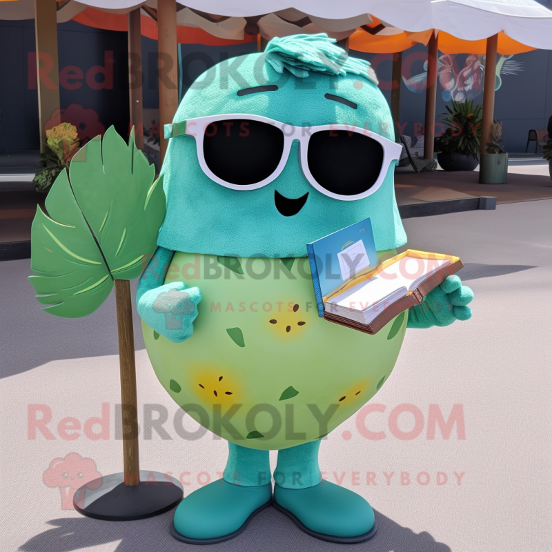 Teal Melon mascot costume character dressed with a Chinos and Reading glasses