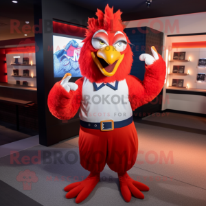 Red Roosters mascot costume character dressed with a Coat and Foot pads