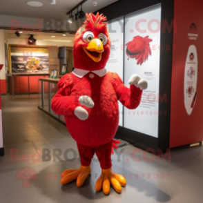 Red Roosters mascot costume character dressed with a Coat and Foot pads