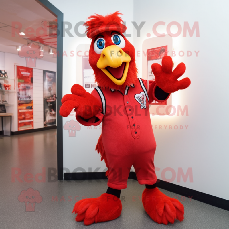 Red Roosters mascot costume character dressed with a Coat and Foot pads