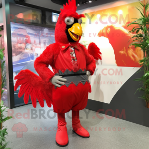 Red Roosters mascot costume character dressed with a Coat and Foot pads
