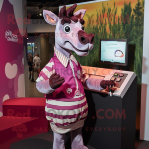 Magenta Okapi mascot costume character dressed with a Button-Up Shirt and Coin purses