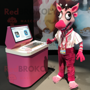 Magenta Okapi mascot costume character dressed with a Button-Up Shirt and Coin purses