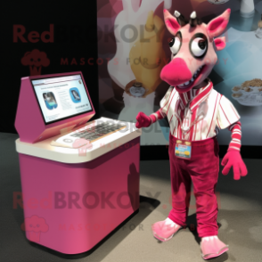 Magenta Okapi mascot costume character dressed with a Button-Up Shirt and Coin purses